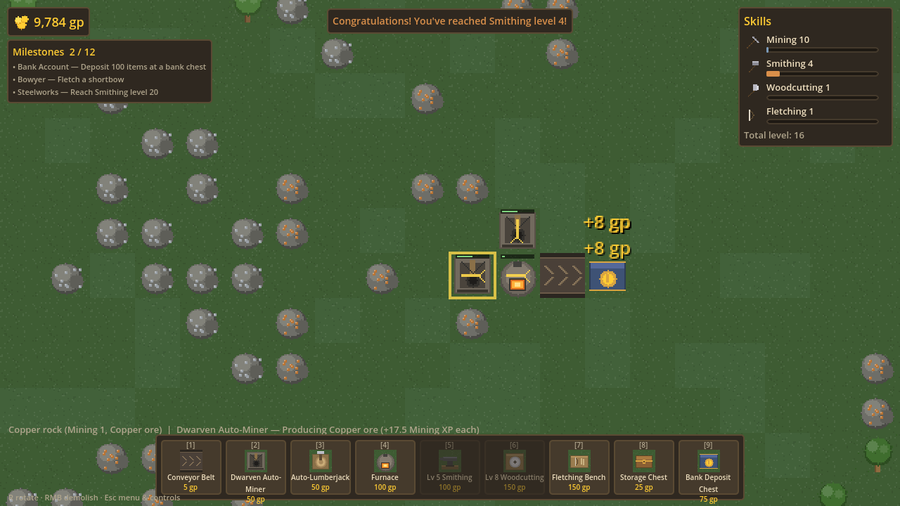 RuneWorks: auto-miners belting ore into furnaces